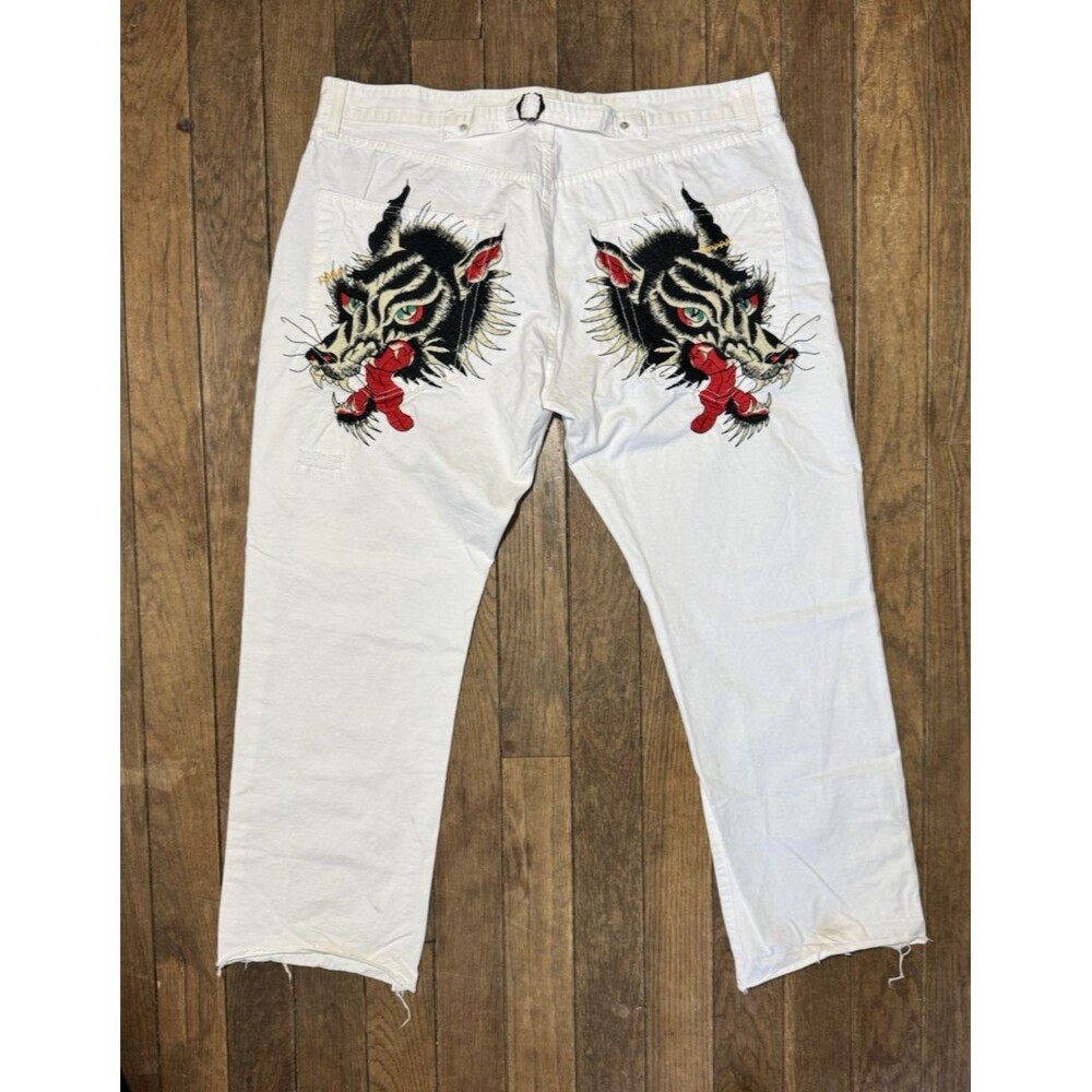 Ed Hardy RARE Wolf Embroidered White Jeans Y2K Mens Pants Size 40 X 34 EUC - Picture 2 of 11